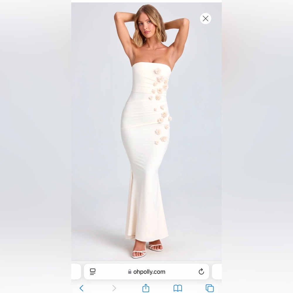 Oh Polly dress. Draped Floral-Appliqué Maxi Dress in Ivory